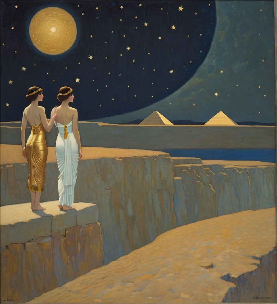Figures on Rocky Ledge Under Starry Night Sky