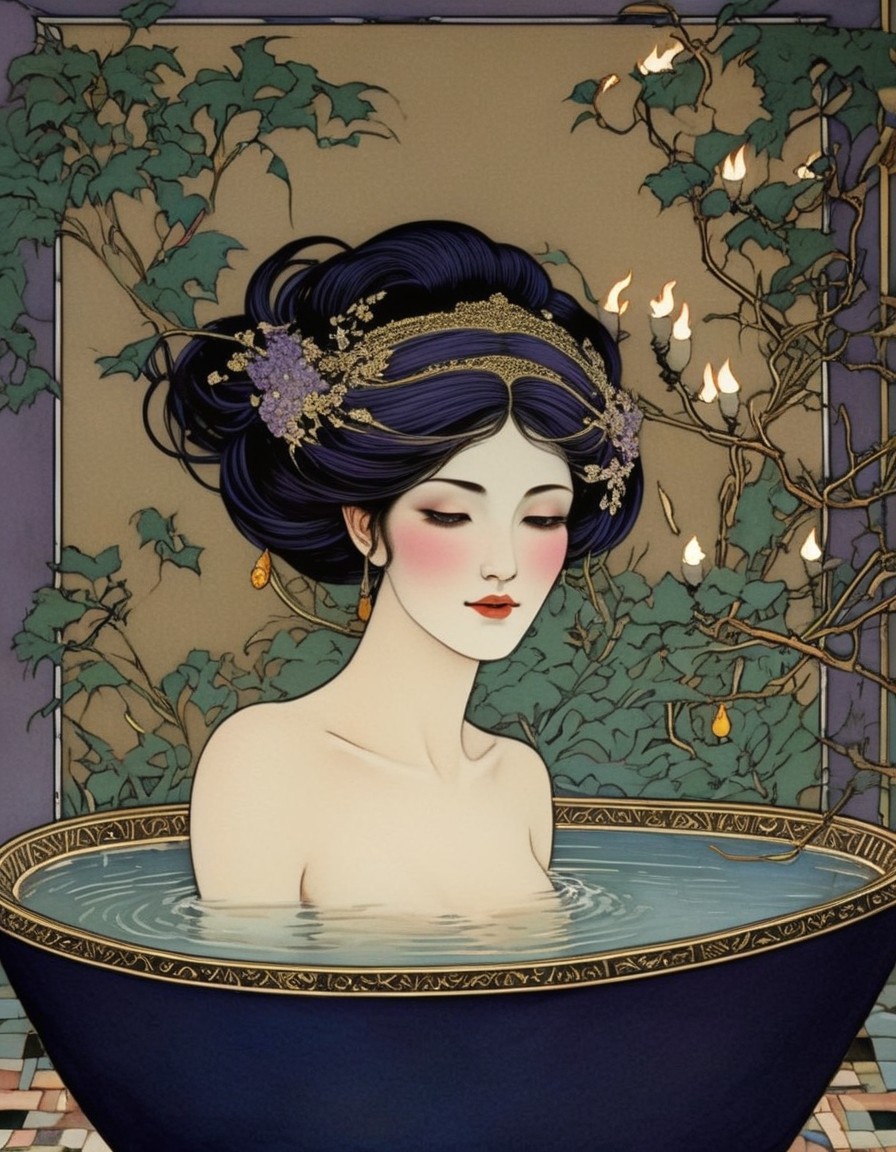 Woman with jeweled updo in water-filled basin