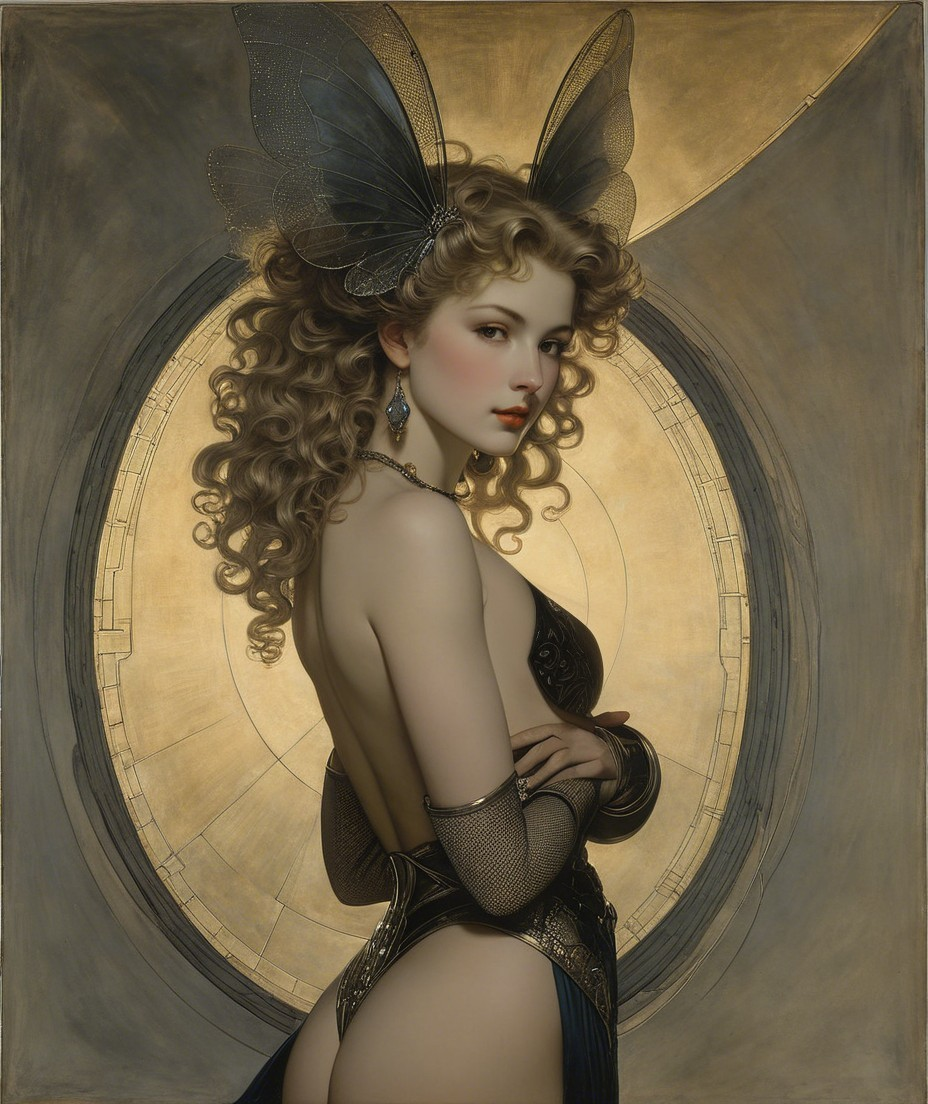 Glamorous Woman in Black Dress with Butterfly Wings