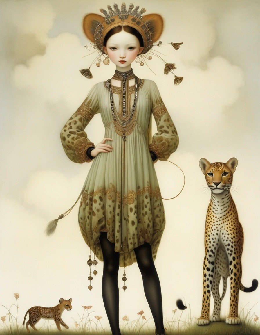 Stylized woman with whip, green leopard-spotted dress, large leopard, cub, flowers