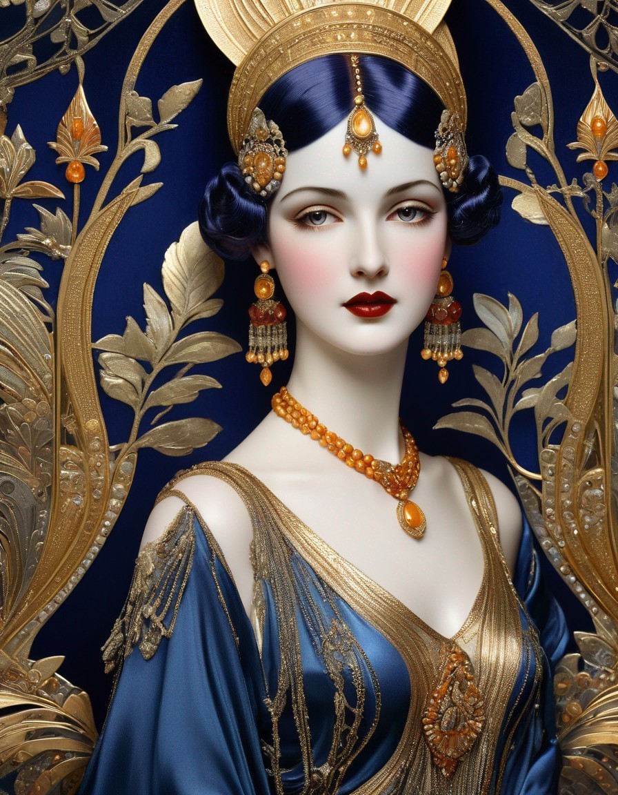 Stylized Art Nouveau Portrait of a Woman in Blue and Gold