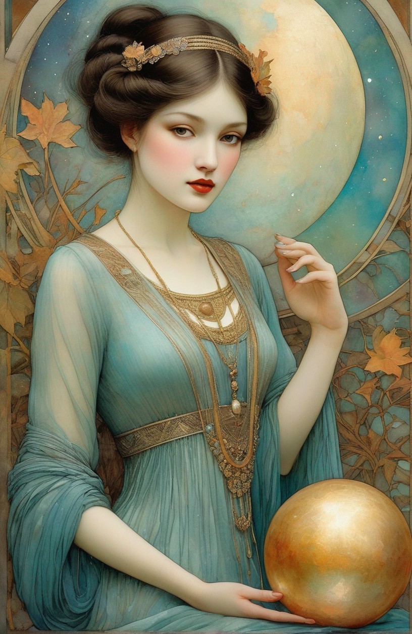 Ethereal woman in blue dress with golden orb and autumn backdrop