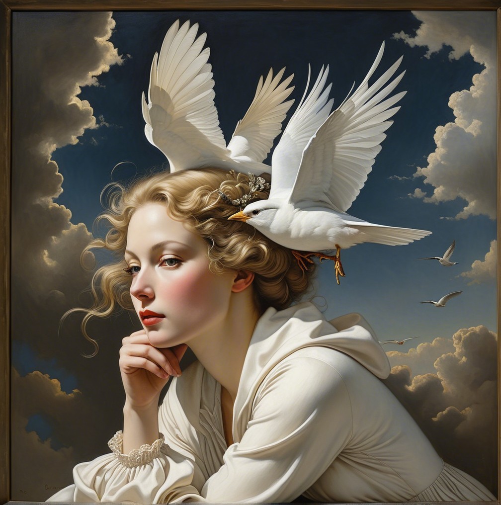 Serene Young Woman with Birds and Flowers in Sky