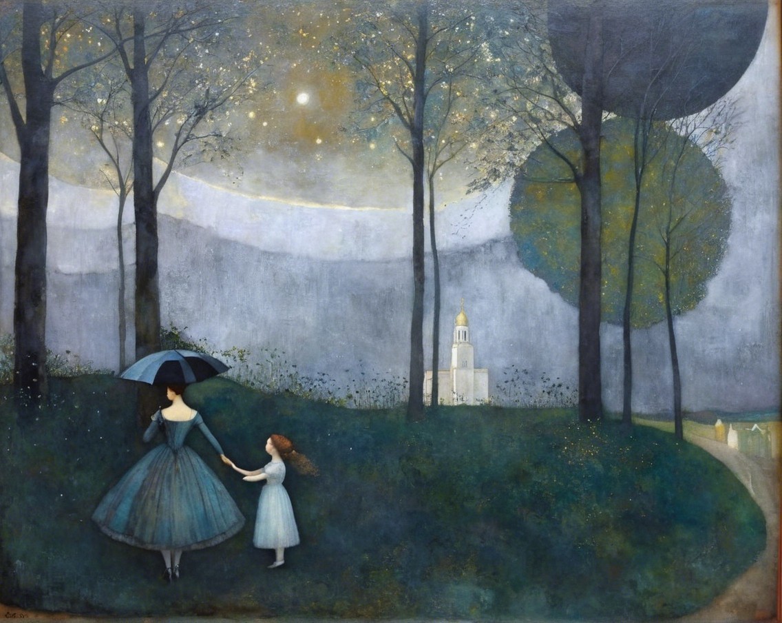 Twilight Landscape with Woman and Young Girl Walking