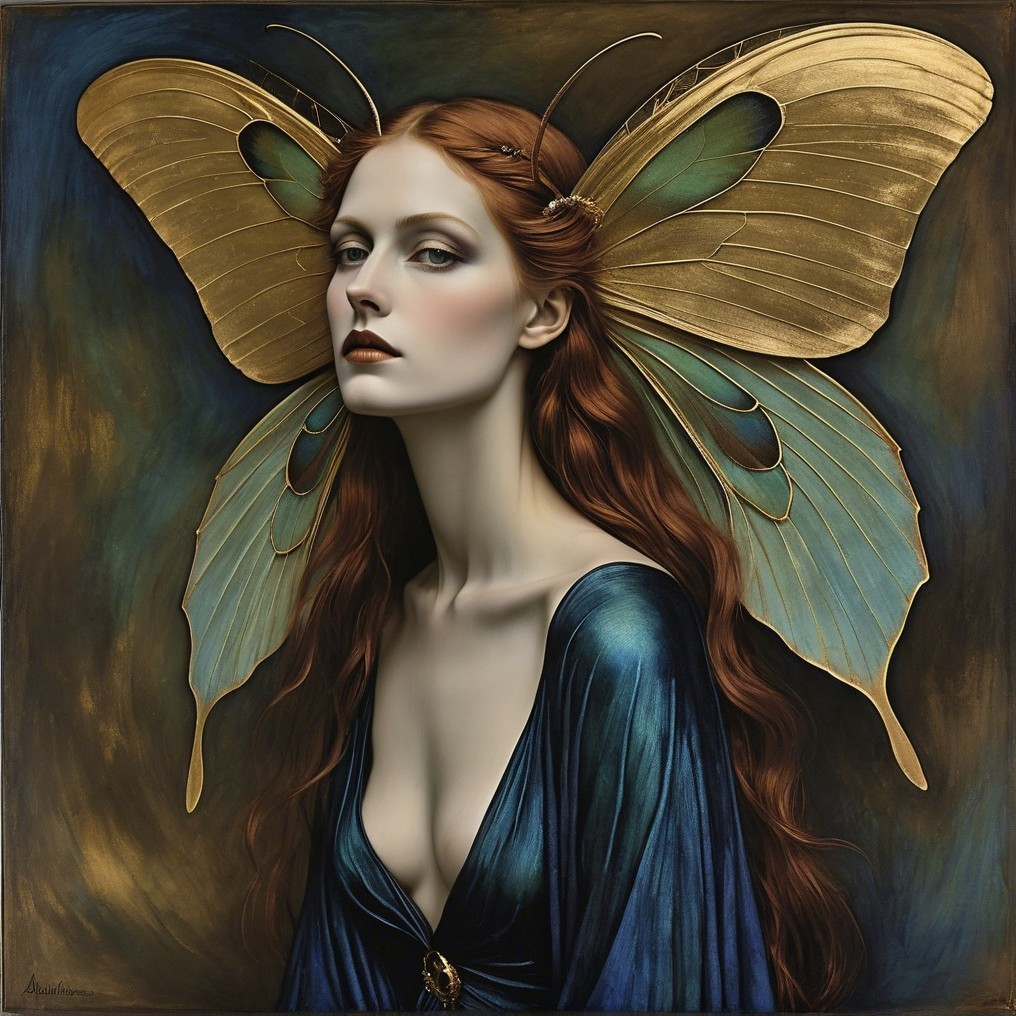 Woman with Red Hair and Golden Butterfly Wings