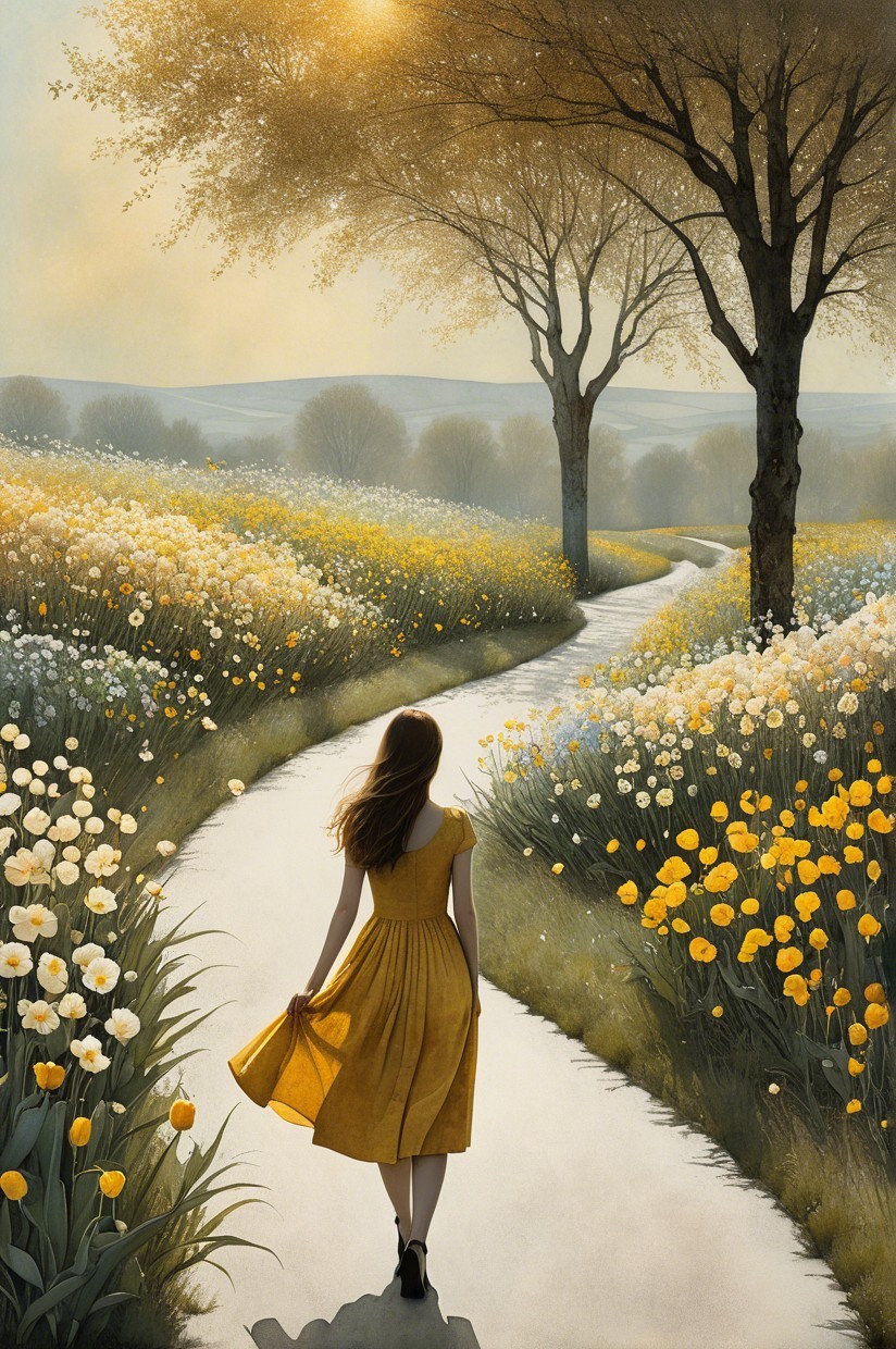 Woman in Yellow Dress on Winding Flower Path