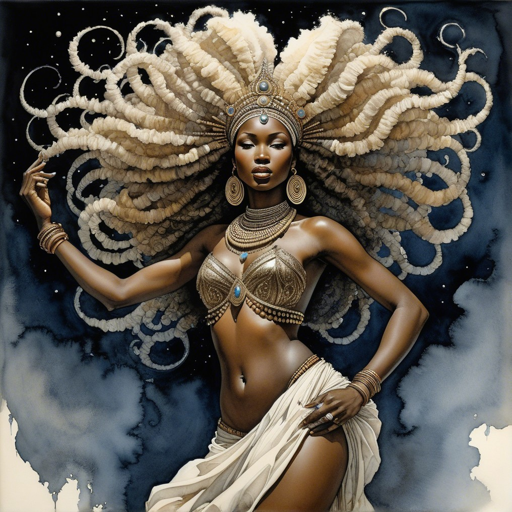 Striking figure in gold jewelry against starry backdrop