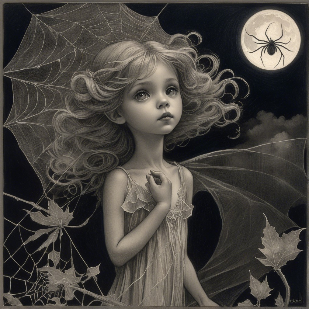 Young girl under full moon with spider webs and leaves