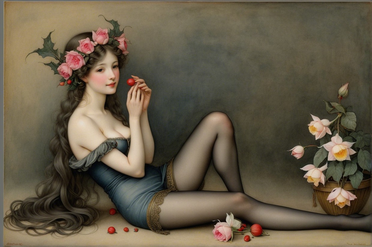 Elegant figure with roses, ivy, and soft blue attire