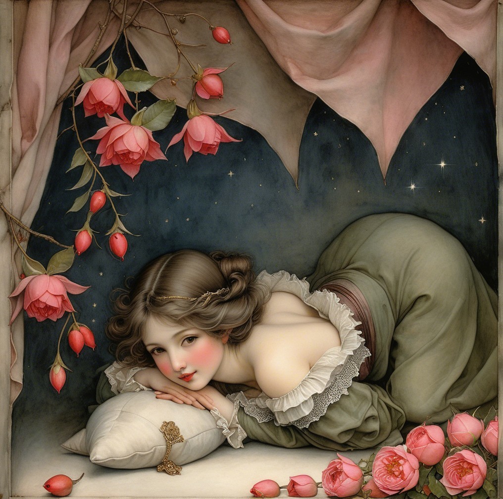 Serene Young Woman in Green Dress Among Roses