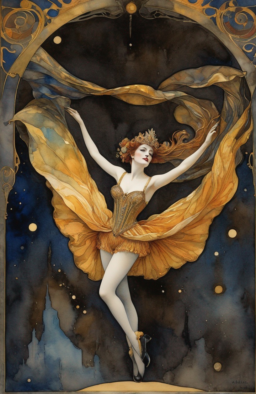 Graceful Ballerina with Butterfly Wings in Golden Costume on Celestial Backdrop