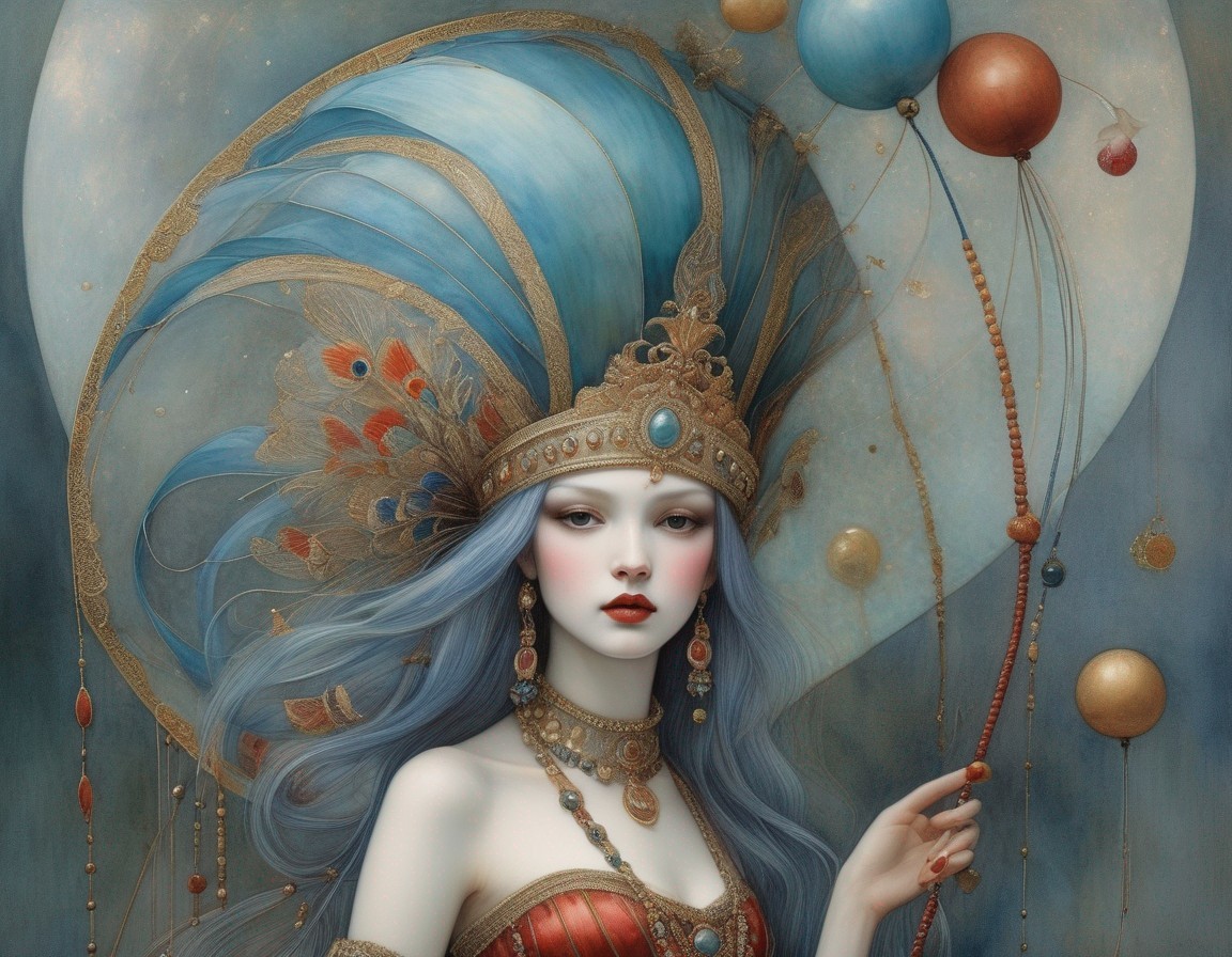 Surreal portrait of regal female figure with elaborate headdress and blue hair against blue waves and