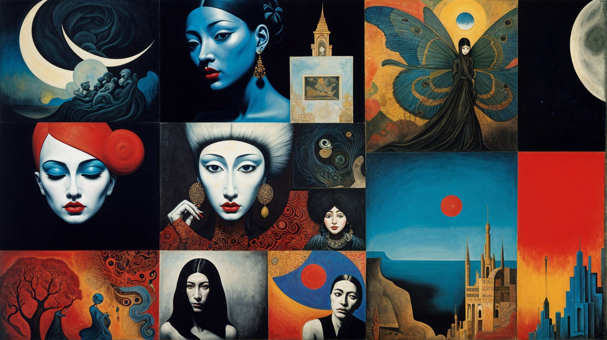 Collage of Portraits and Mystical Elements in Blues and Reds