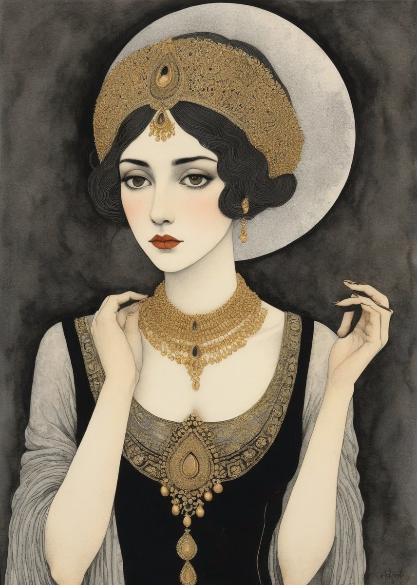 Illustration of a Woman with Pale Skin and Gold Jewelry