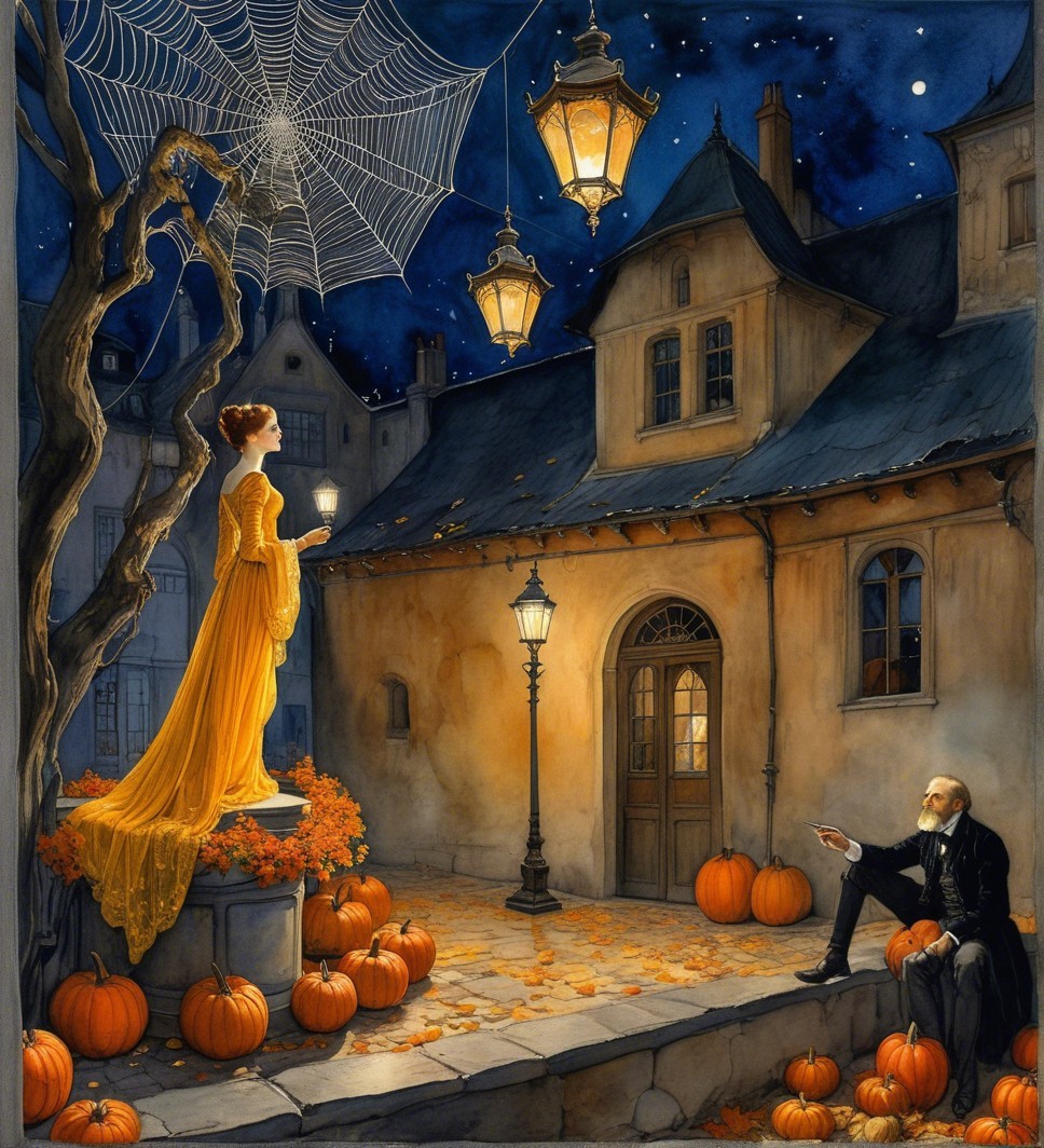 Moonlit Courtyard with Woman in Yellow Gown and Pumpkins