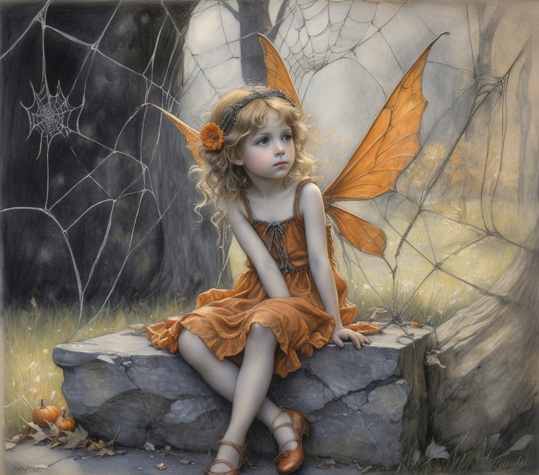 Young girl with butterfly wings in a misty forest