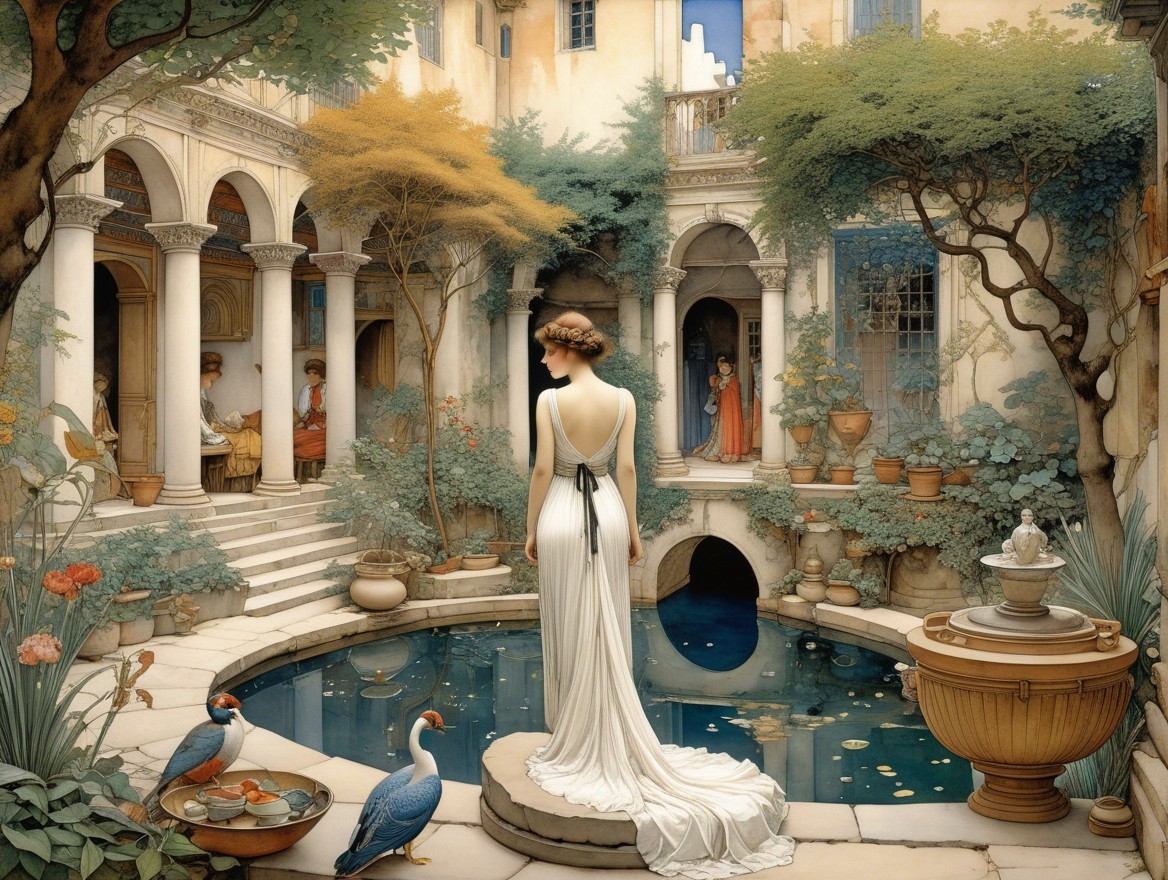 Elegant Woman by Tranquil Blue Pond in Courtyard