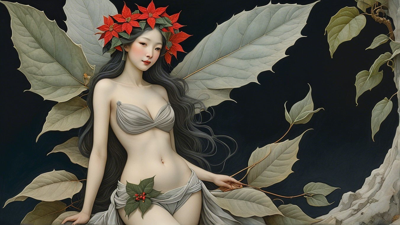 Serene figure in nature with flowing hair and garment