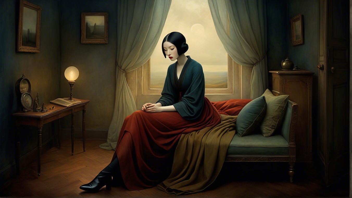 Vintage Room with Woman in Deep Red Gown