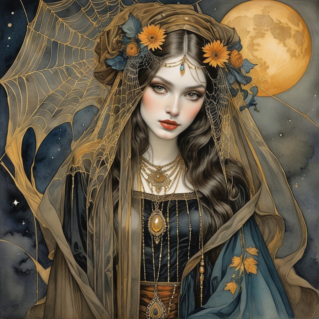 Elegant Woman in Dark Gown with Mystical Elements