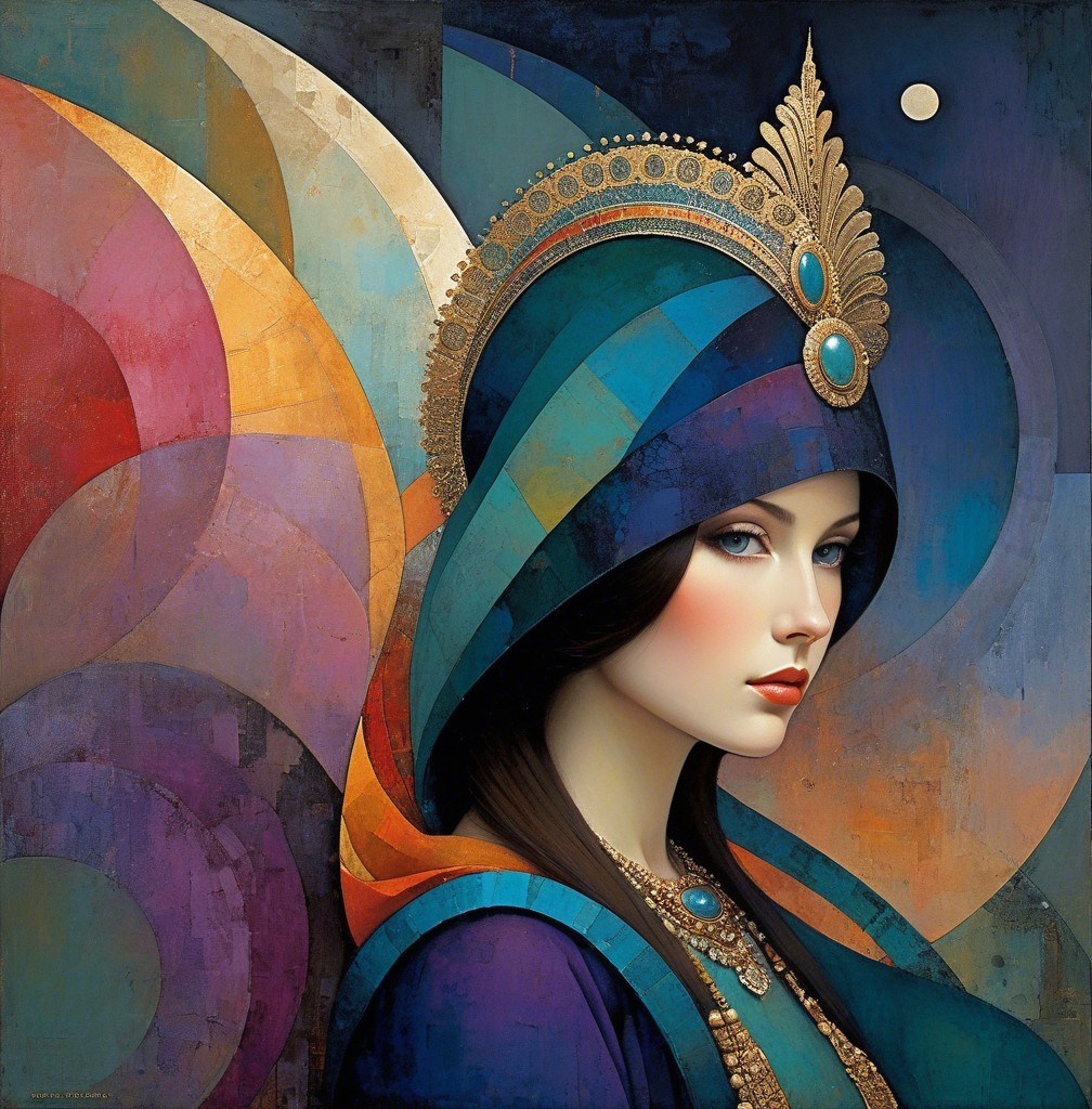 Stylized portrait of a woman with blue headpiece