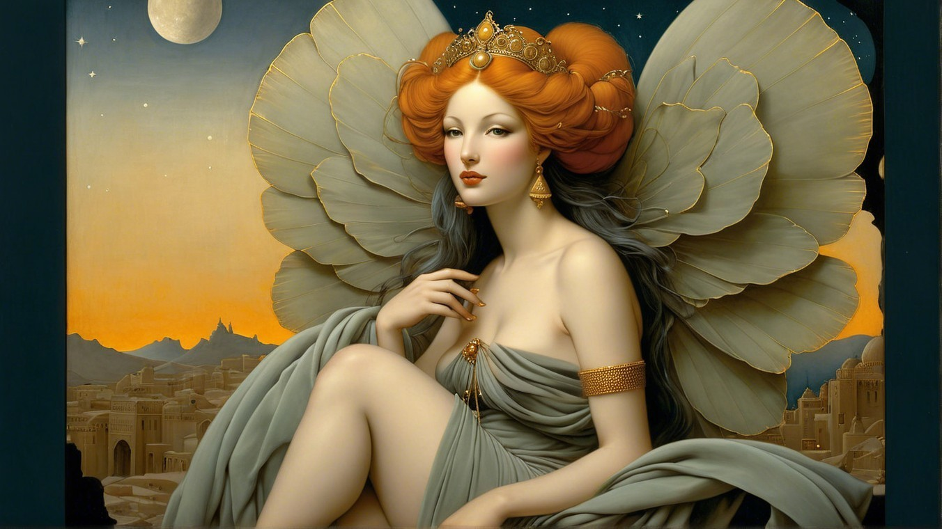 Serene figure with orange hair and butterfly wings