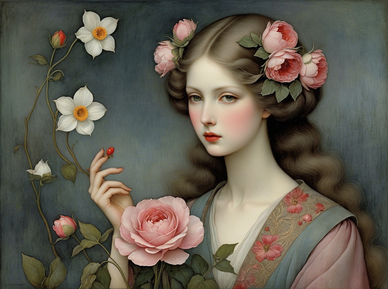Fair-skinned young woman with pink roses in hair