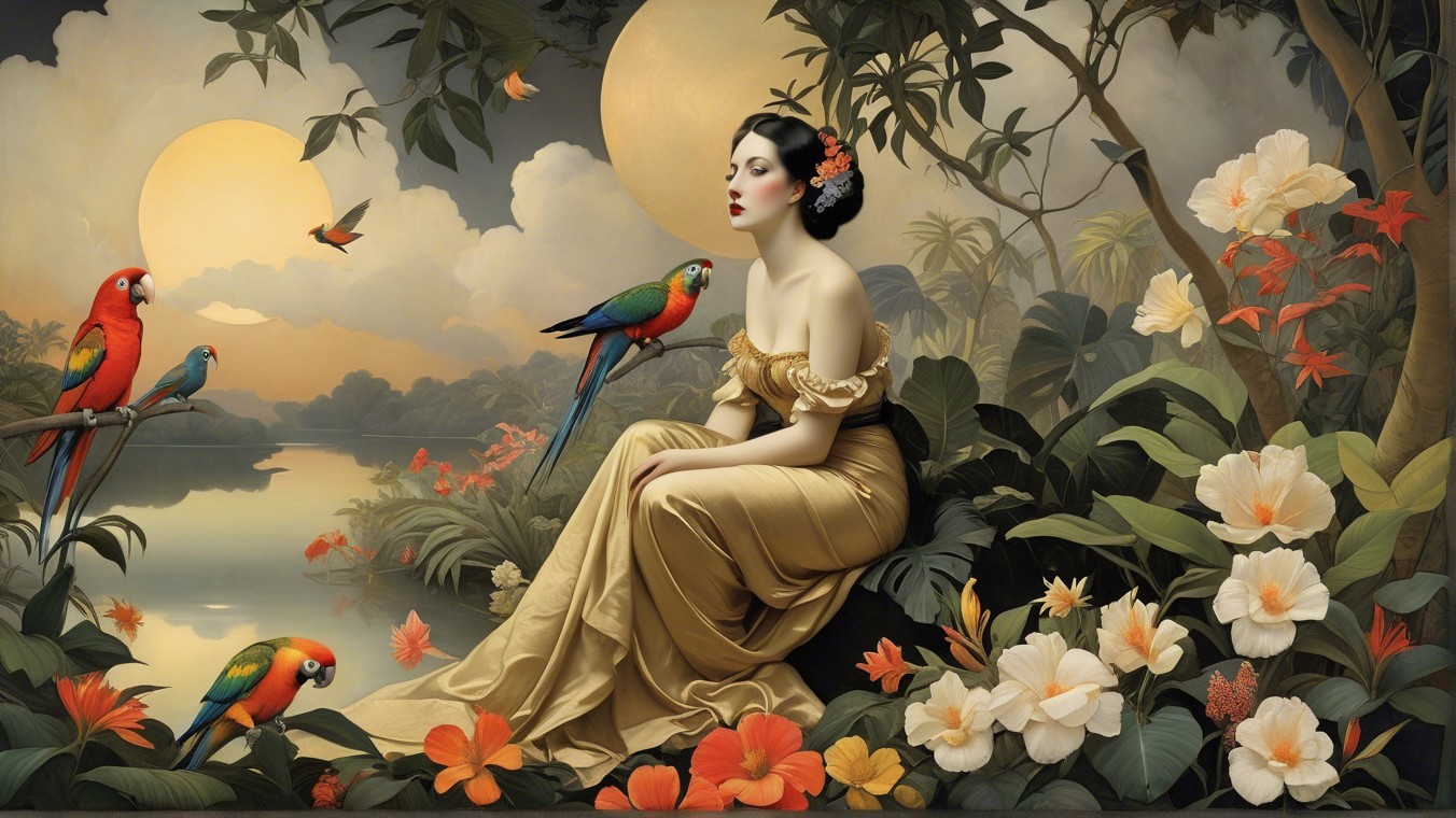 Serene Woman in Gold Gown by Tropical Lake Scene