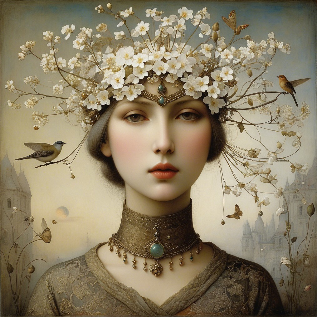 Serene Woman with Floral Crown in Pastel Landscape