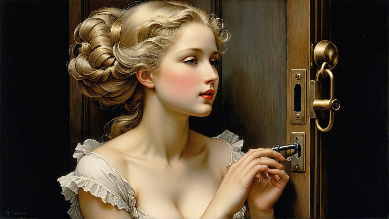 Young woman with blonde hair and key at a door