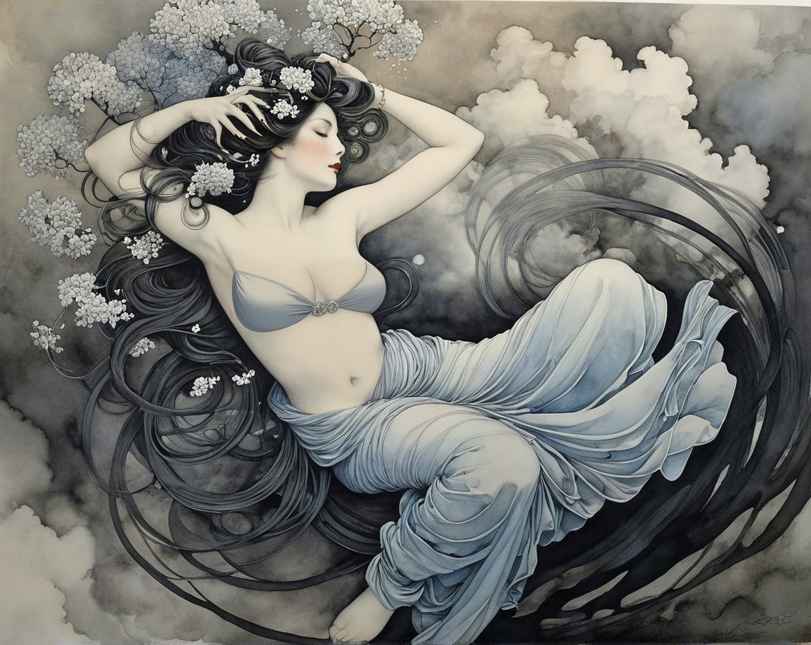 Ethereal Woman in Blue Fabric Amid Soft Clouds