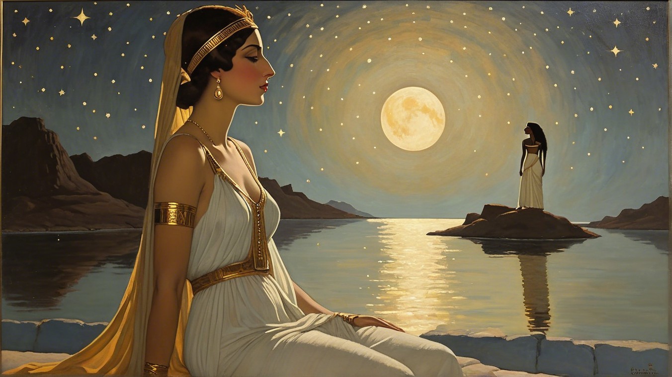 Moonlit Lake Scene with Elegant Figures and Jewelry