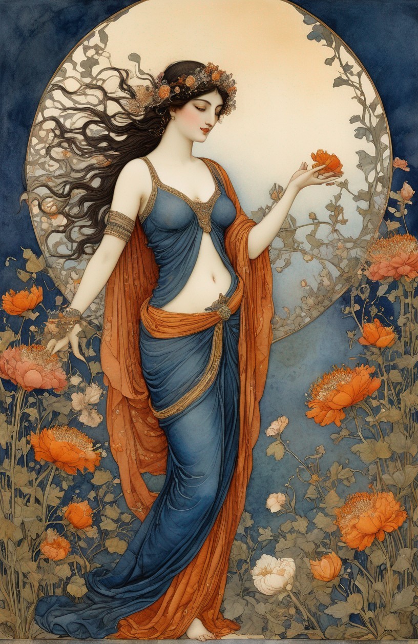 Art Nouveau Illustration of Woman with Flowers and Moon