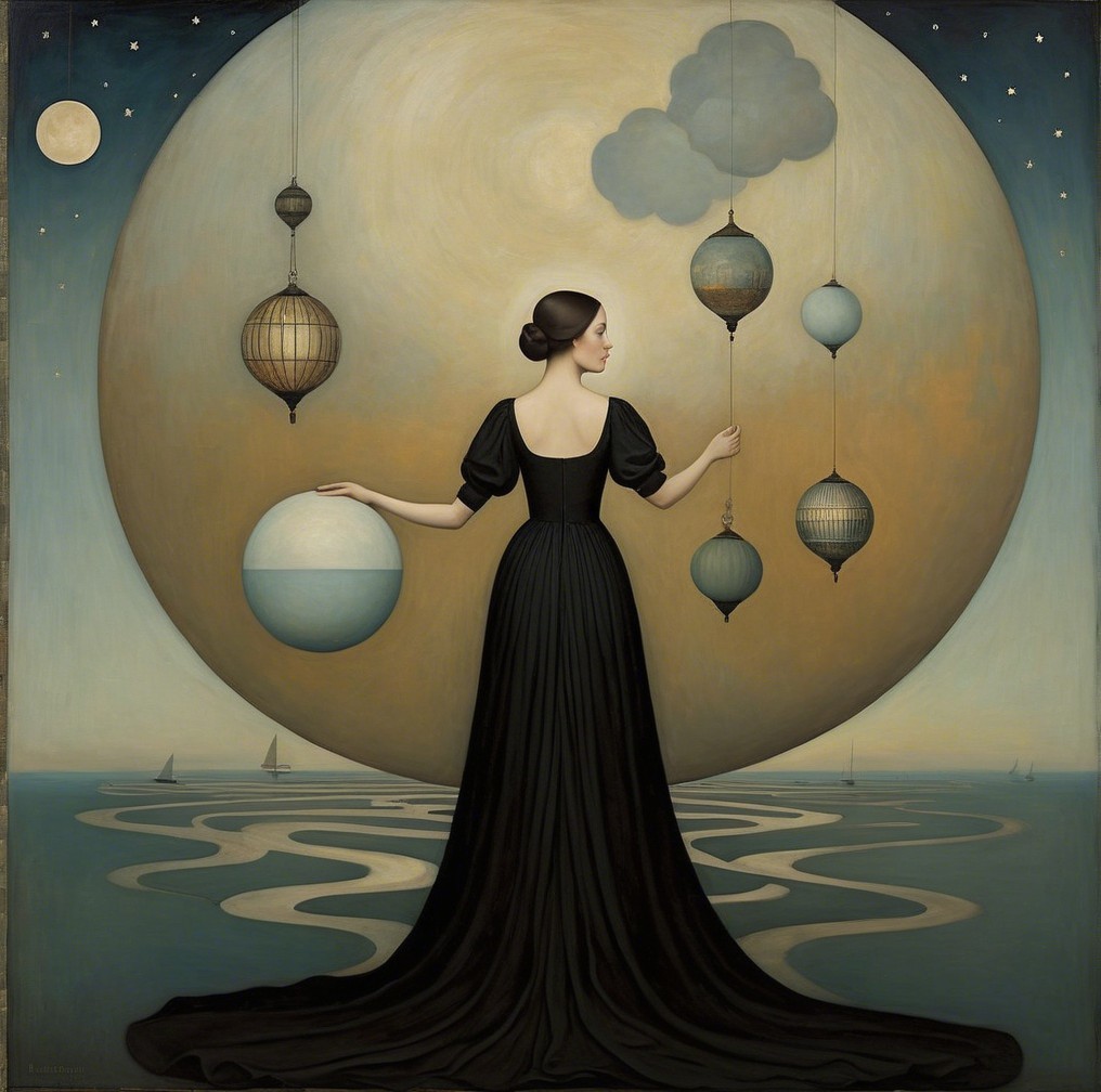 Figure in Black Gown with Sphere Under Ethereal Moon