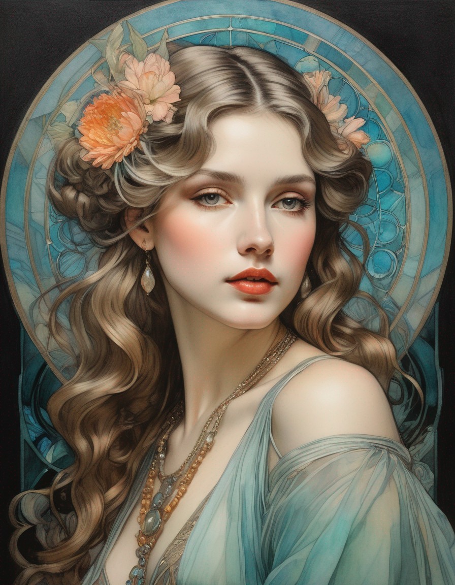 Portrait of a Woman in Blue Dress with Floral Headpiece