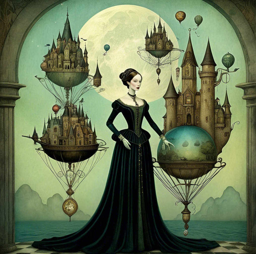 Mysterious Woman in Black Gown Amid Floating Castles
