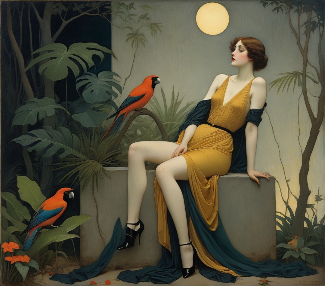 Glamorous Woman in Yellow Gown with Tropical Foliage