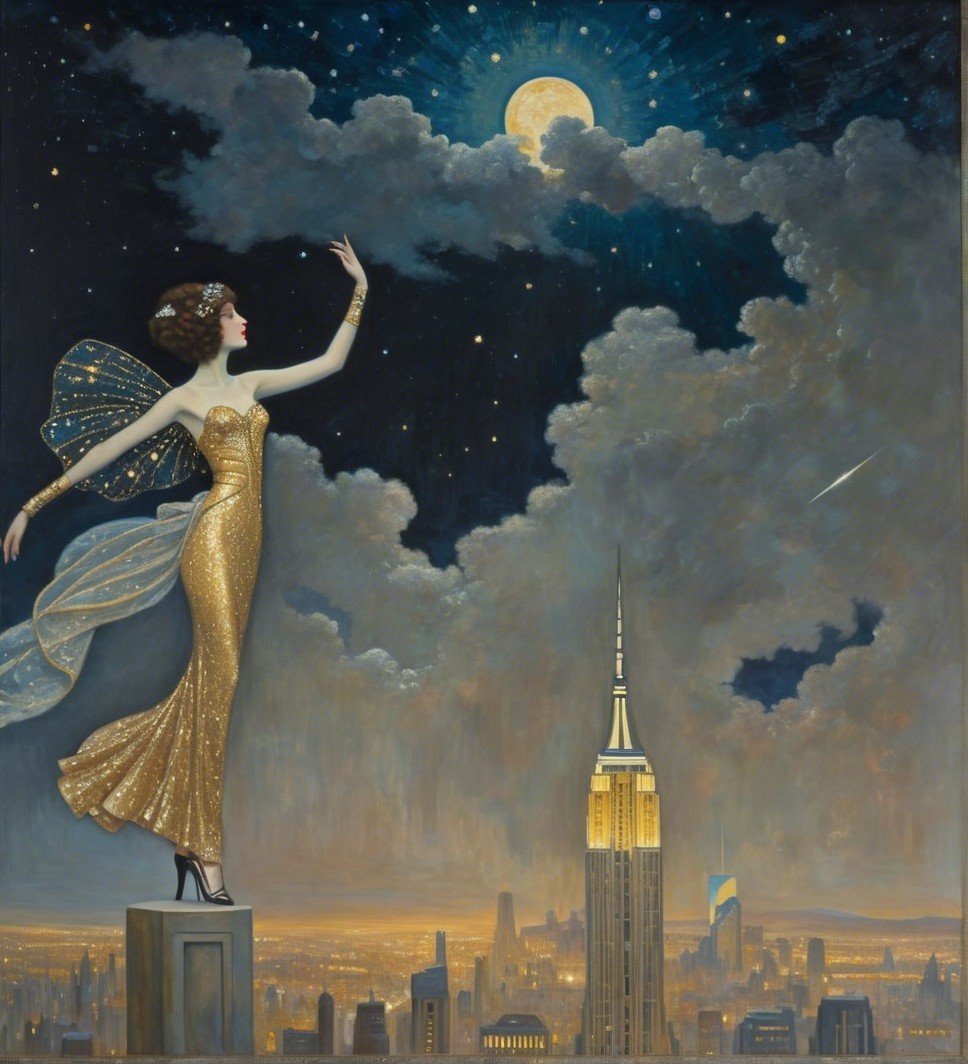 Glamorous Figure in Gold Gown Against Night Sky