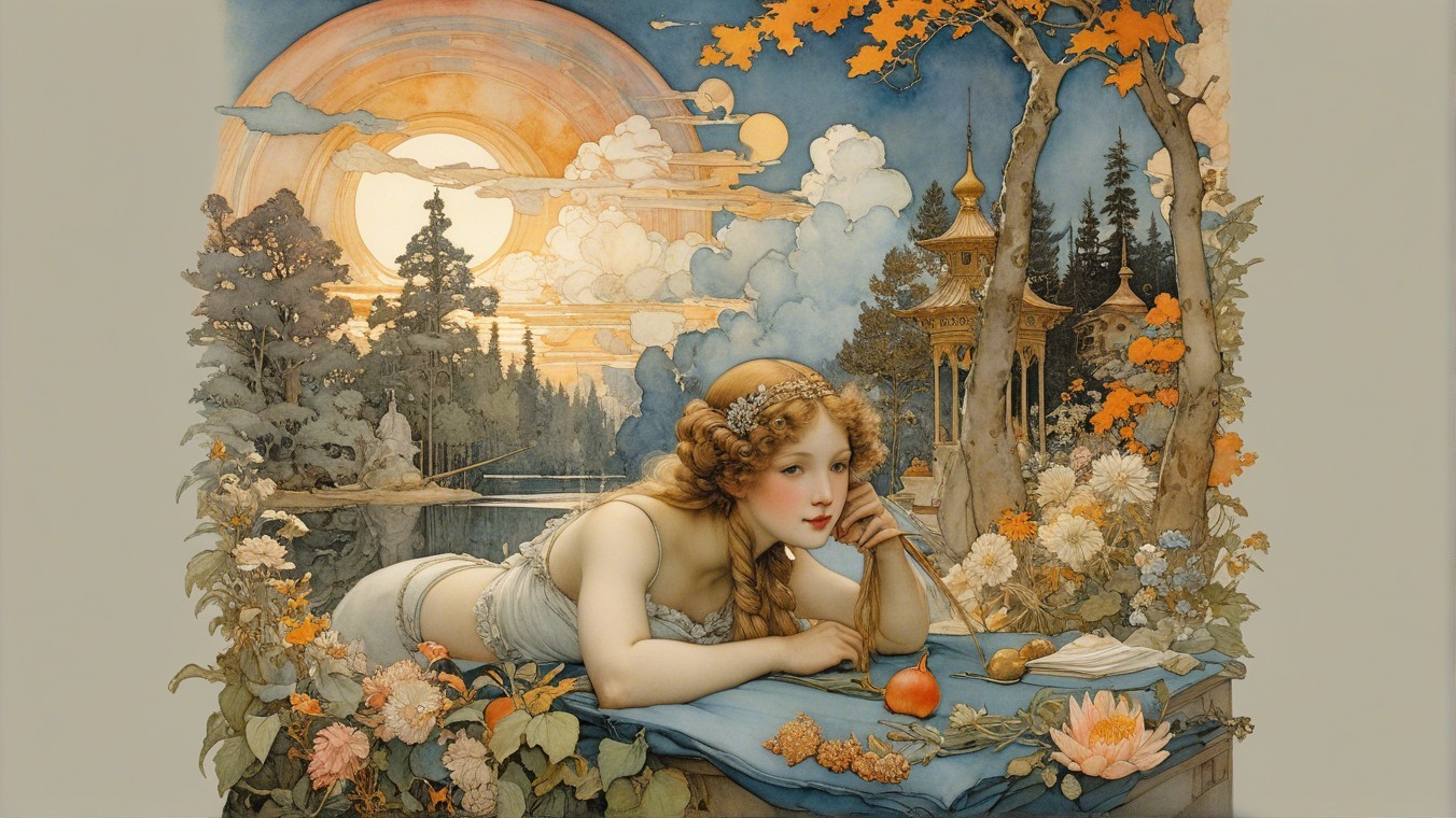 Serene Woman Reclining Amidst Vibrant Flowers and Sunset