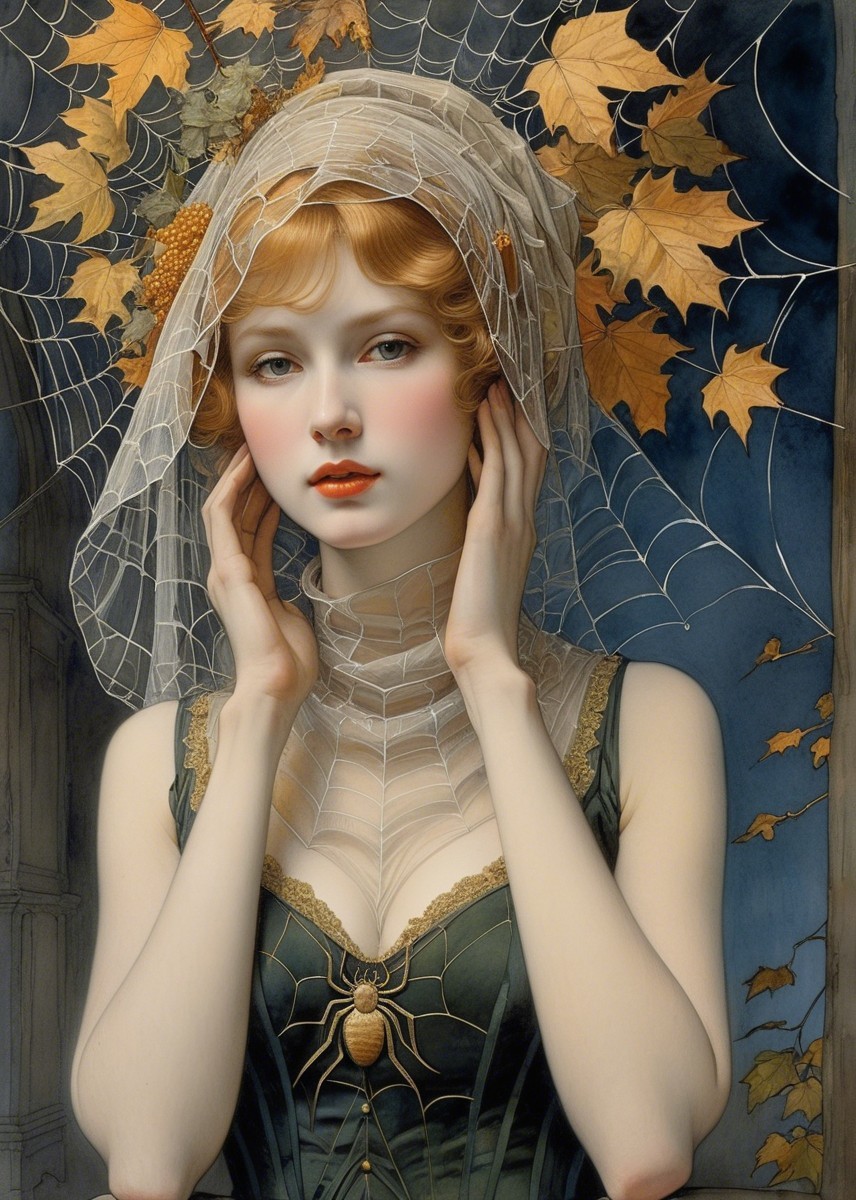Young Woman in Dark Green Dress with Veil and Leaves