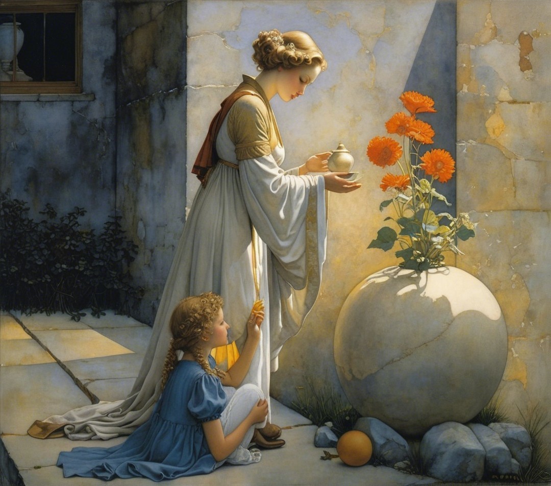 Tranquil courtyard scene with figures and vibrant flowers