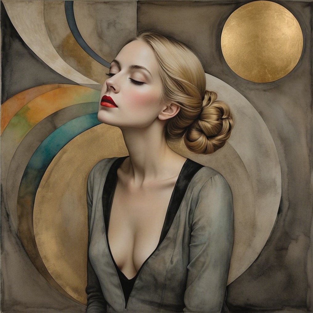 Serene Woman with Elegant Hairstyle and Circular Patterns