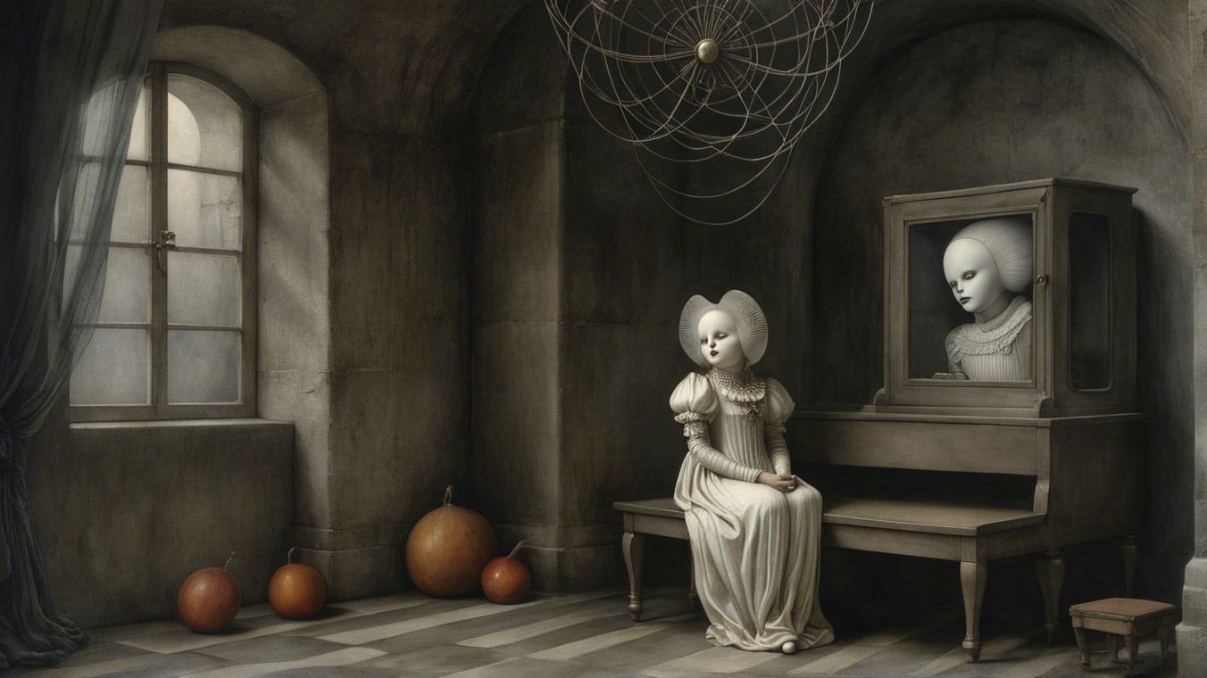 Haunting Porcelain Figure in Atmospheric Room Setting