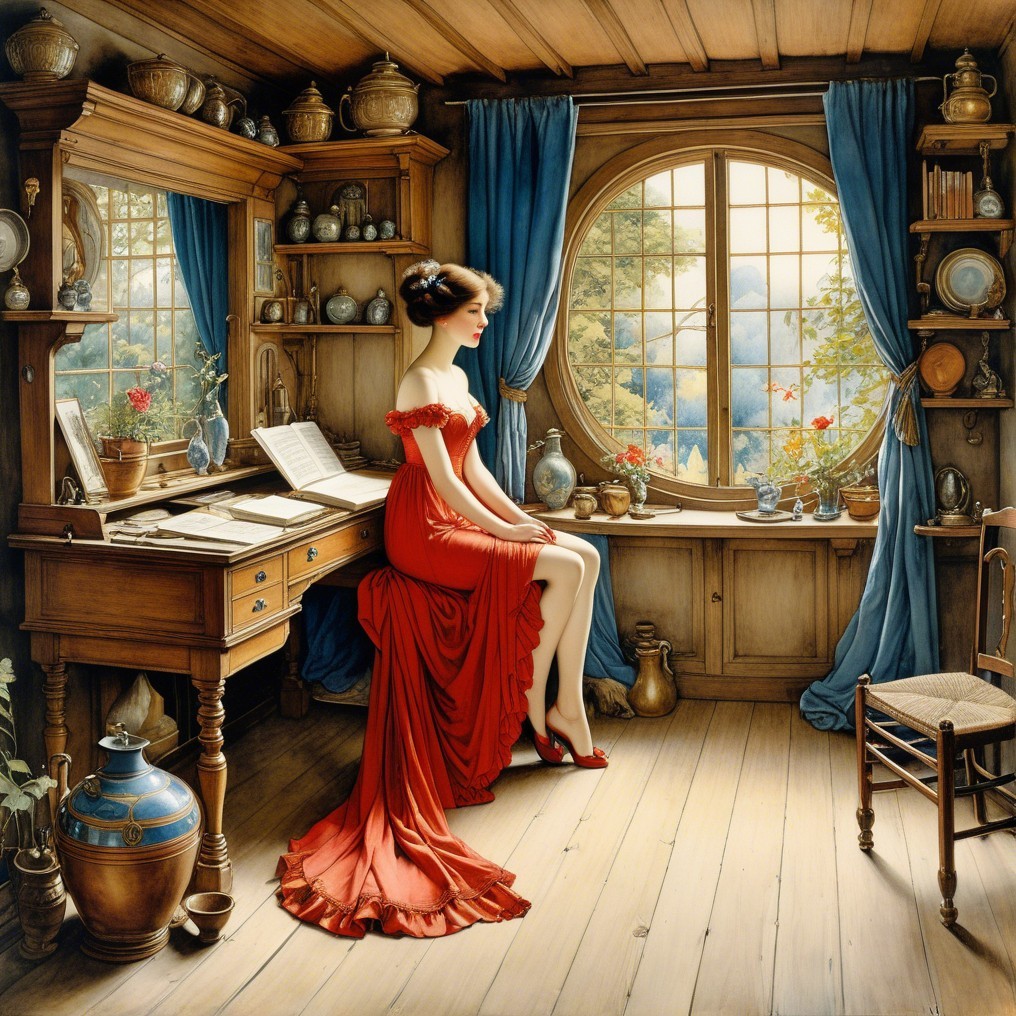 Woman in Red Dress by a Large Rounded Window
