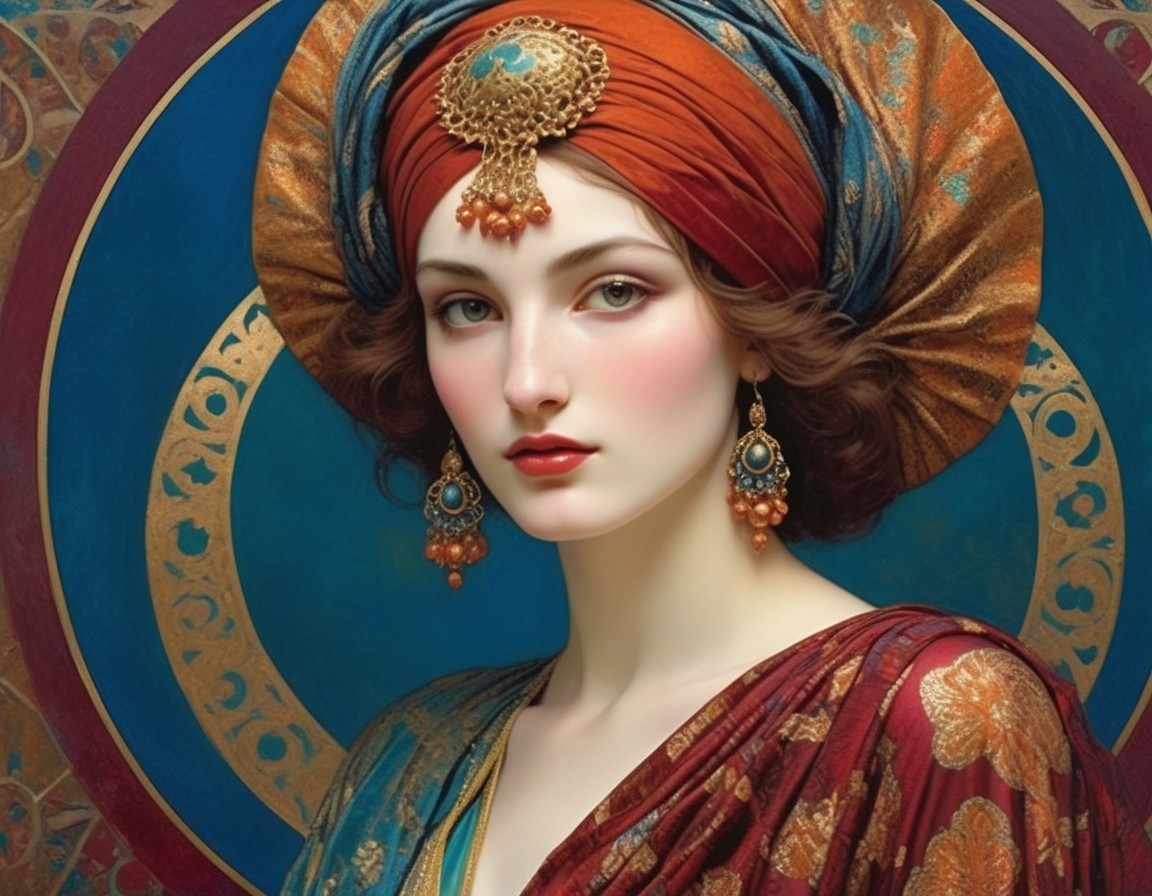 Woman in Elaborate Outfit Against Colorful Backdrop
