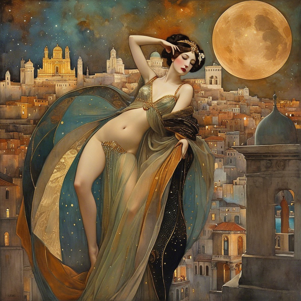Full Moon Scene with Ethereal Figure in Ancient City