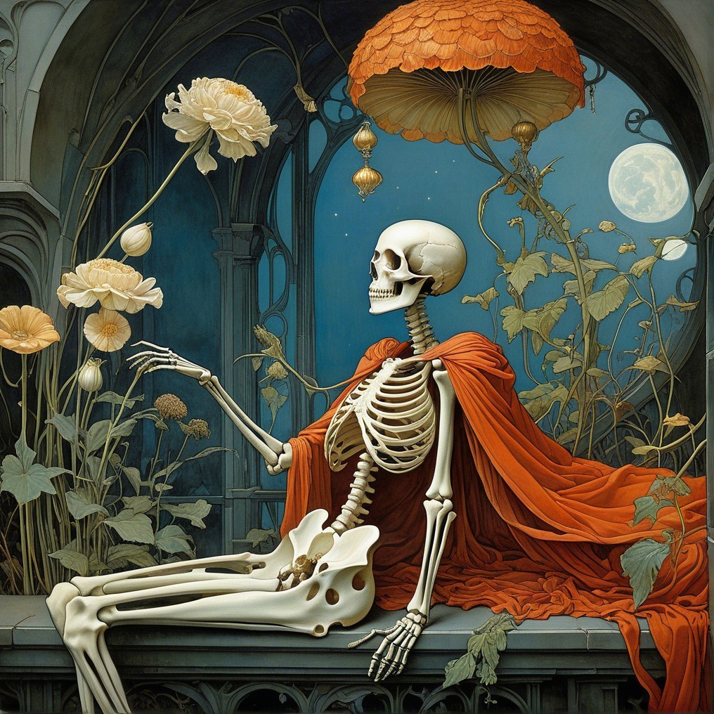 Skeletal Figure in Orange Cloak Amidst Lush Flora