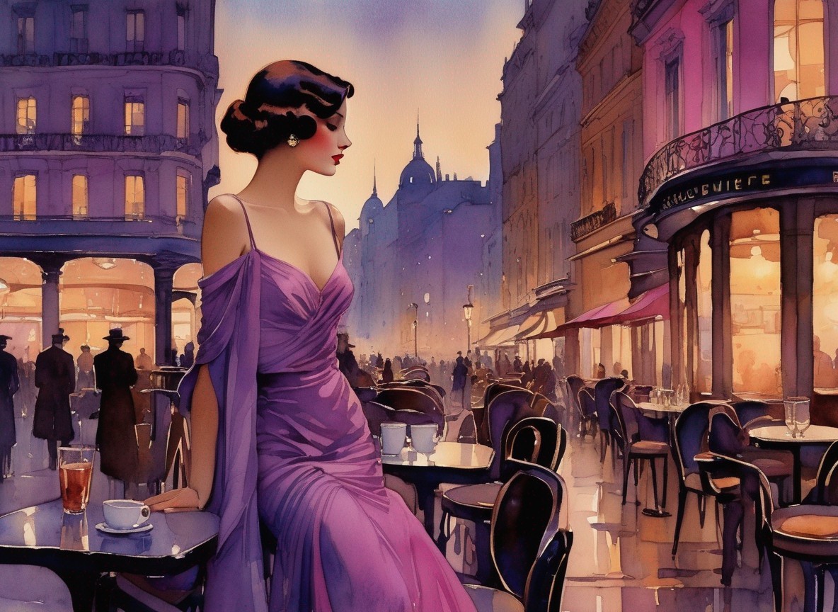 Elegant Woman in Purple Dress at Parisian Café