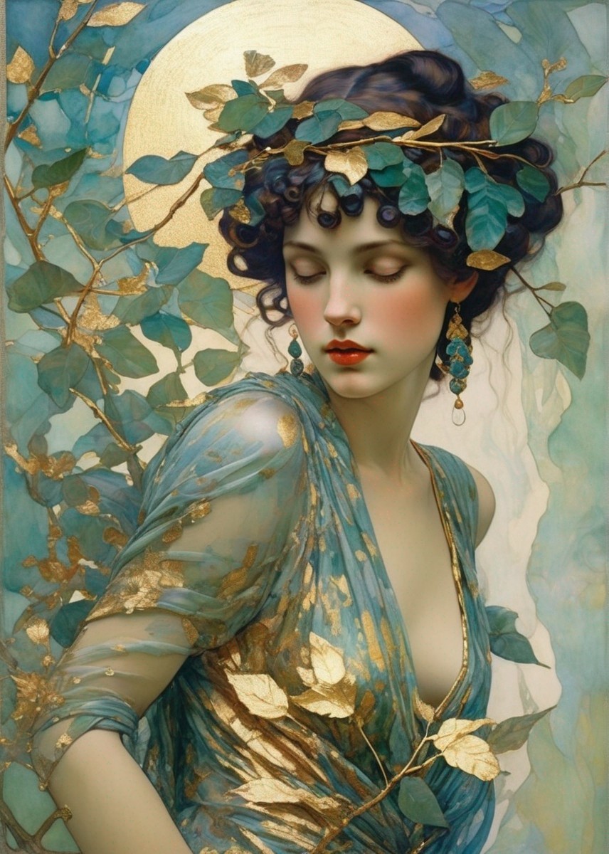 Serene woman in blue and gold attire with green foliage headpiece