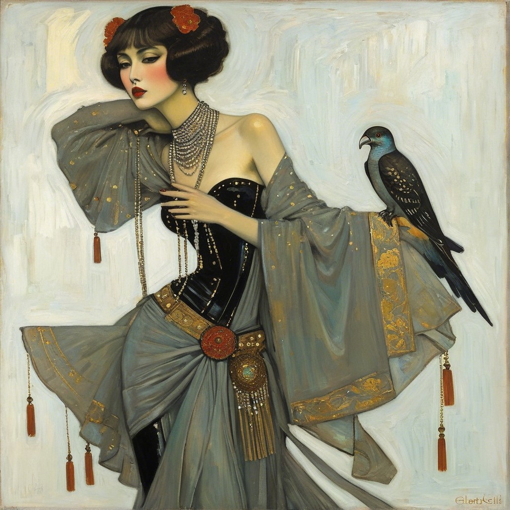 Glamorous Woman in Elegant Gown with Bird and Flowers
